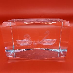 Vintage Crystal Swan Paperweight Laser Etched Rectangular 3x2
